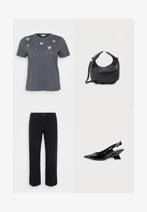 Grå bomulds T-shirt med korte ærmer, prydet med metallic blomsterapplikationer og palietter arrangeret på forsiden. Blød tekstur, afslappet pasform.; Sorte denimjeans med lige ben-design. Funktioner inkluderer en knaplukning i taljen, bæltestropper og front-/baglommer. Glat tekstur.; Sort laklæder slingback sko med spids tå og lav vinklet blokhæl på ensartet lys baggrund.; Sort flettet læderhåndtaske med kort håndtag og aftagelig skulderrem, vist mod en ensfarvet lys baggrund.