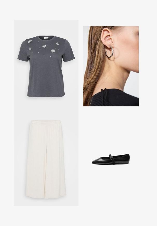 Grijze katoenen t-shirt met korte mouwen, met metalen bloemenappliqués en pailletten die op de voorkant zijn aangebracht. Zachte structuur, comfortabele pasvorm.; Witte linnen culottes met een elastische taille, brede benen en een textuur. Het kledingstuk heeft een losse, ontspannen pasvorm voor comfort.; Zwarte platte schoen van leer met een spitse neus, verstelbare band met een metalen gesp, een gladde textuur en een minimalistisch ontwerp.; Zilveren oorbel met een gepolijste afwerking, met kleine gouden accentdetails en een ronde vorm, gedragen op de oorlel.
