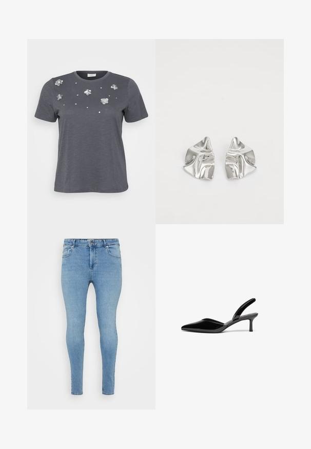 Graues Baumwoll-T-Shirt mit kurzen Ärmeln, verziert mit metallischen Blumenapplikationen und Pailletten, die auf der Vorderseite angeordnet sind. Weiche Textur, lässige Passform.; Hellblaue Skinny Jeans aus Denim, mit Knopf- und Reißverschluss, fünf Taschen und subtilen texturalen Variationen.; Schwarze Lackleder-Slingback-Pumps mit spitzem Fuß, niedrigem Stiletto-Absatz und einem eleganten, schlichten Design ohne Verzierungen.; Silberne Metallohrringe mit einem wellenförmigen, skulpturalen Design, das eine polierte Oberfläche und unregelmäßige Formen aufweist, die eine zeitgenössische Ästhetik betonen.