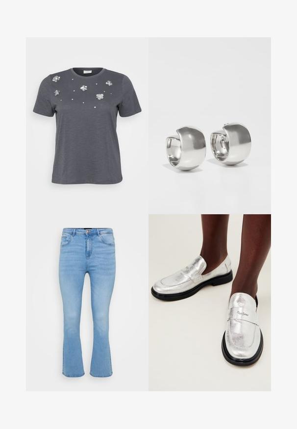 Grå bomulds T-shirt med korte ærmer, prydet med metallic blomsterapplikationer og palietter arrangeret på forsiden. Blød tekstur, afslappet pasform.; Lyseblå flagrende jeans i denim af bomuld. Features høj talje, fem lommer og synlige sømme langs sømme og kant.; Sølvmetallic loafers med en glat overflade, sort gummisål og et dekorativt bånd med brandnavnet præget.; Uncommon Matters SCULPTURAL LARGE CREOLE - Øreringe - silver-coloured