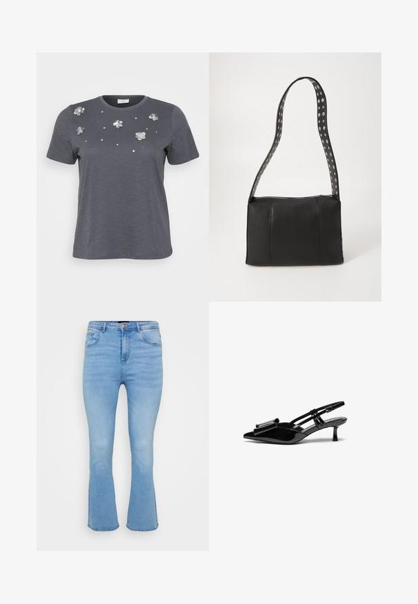 Grijze katoenen t-shirt met korte mouwen, met metalen bloemenappliqués en pailletten die op de voorkant zijn aangebracht. Zachte structuur, comfortabele pasvorm.; Lichtblauwe uitlopende jeans van katoen denim. Beschikt over een hoge taille, vijf zakken en zichtbare stiksels langs de naden en de zoom.; Zwarte gepatineerde lederen slingback hakken met een puntige neus, een strikdetail aan de voorkant en een kleine stilettohak. De bandjes hebben verstelbare gespen.; Zwarte leren handtas met een rechthoekige vorm, voorzien van een ritsluiting en een stippenriem. Gladde textuur, minimale stiksel details.