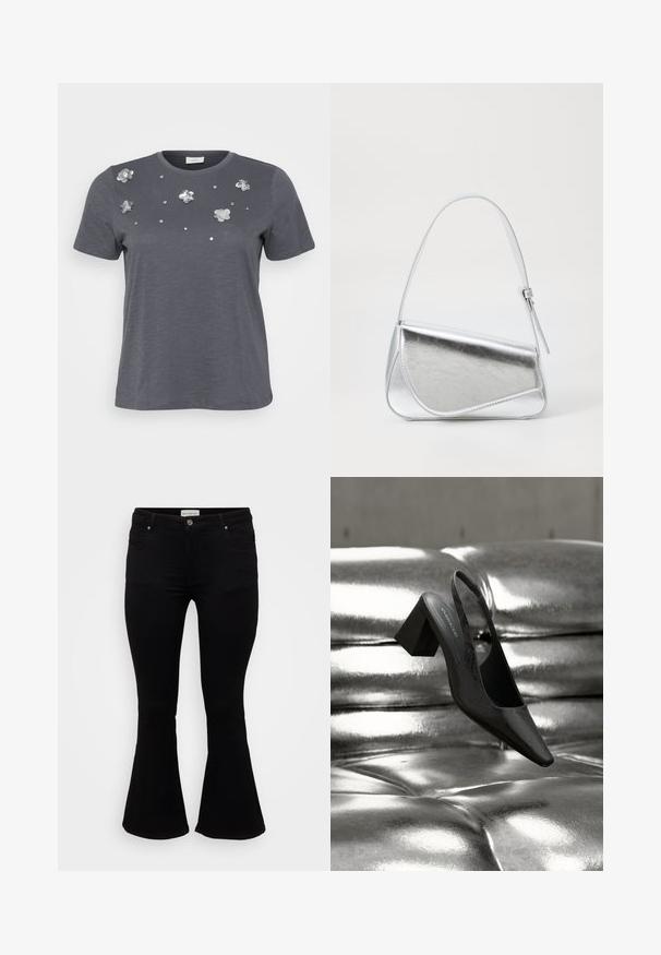 Camiseta de algodón gris con mangas cortas, con aplicaciones metálicas de flores y lentejuelas dispuestas en el frente. Textura suave, corte holgado.; Jeans de campana negros fabricados en denim suave, con cintura ajustada, bolsillos frontales y un dobladillo acampanado para un ajuste relajado.; Tacón destalonado negro con punta en forma de pico, con superficie texturizada y tacón ancho y grueso. Colocado sobre un fondo metálico brillante.; Bolso de mano metálico plateado con forma triangular, textura suave y una fina correa de hombro ajustable. Presenta un diseño plegable con costuras.