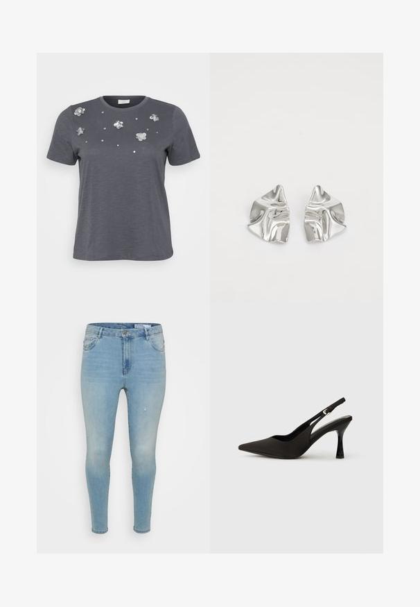 Grå bomulds T-shirt med korte ærmer, prydet med metallic blomsterapplikationer og palietter arrangeret på forsiden. Blød tekstur, afslappet pasform.; Lyseblå denimbukser med slim fit, der har en mellemhøj talje, klassisk fem-lomme design og subtile slidte detaljer på fronten.; Sorte slingback hæle med spids tå, glat mat finish og en slank, blank hæl. Justerbar rem med lille spænde detaljer.; Sølvmetal øreringe med et bølgende, skulpturelt design, der har en poleret overflade og uregelmæssige former, hvilket fremhæver en moderne æstetik.