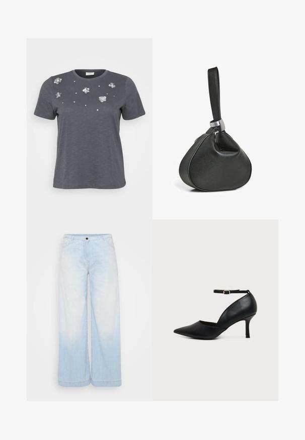 Grå bomulds T-shirt med korte ærmer, prydet med metallic blomsterapplikationer og palietter arrangeret på forsiden. Blød tekstur, afslappet pasform.; Lysblå denim brede bukser med en gradient vask, der har en knaplukning, forlommer og kontrastsyninger langs kanten.; Sort læder sko med spids tå, kitten heel, ankremme og gylden spænde på neutral baggrund.; Sort læderhåndledstaske med blød trekantet form og bred rem fastgjort med en sølv metalring.
