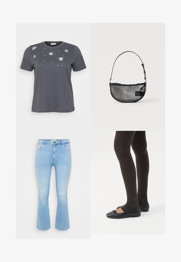 Grå bomulds T-shirt med korte ærmer, prydet med metallic blomsterapplikationer og palietter arrangeret på forsiden. Blød tekstur, afslappet pasform.; Lys blå denim jeans med en tætsiddende talje, flagrende bukseben, fem-lomme design og subtil forvitring i stofstrukturen.; Ben iført mørke ribbede leggings kombineret med sorte balletsko med små sløjfedetaljer på hvid baggrund.; Sort mesh halvmåne håndtaske med en kort justerbar læderrem og lynlåslukning på en ensartet lys baggrund.