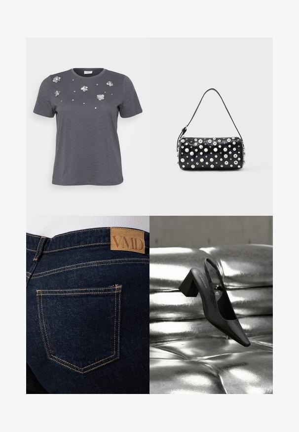 Grå bomulds T-shirt med korte ærmer, prydet med metallic blomsterapplikationer og palietter arrangeret på forsiden. Blød tekstur, afslappet pasform.; Mørkeblå denimjeans med synlige orange syninger og en brun læderlap med mærket "VMD" over den bageste højre lomme.; Sort slingback-hæl med spids tå, der har en tekstureret overflade og en chunky blokhæl. Lagt mod en skinnende, metallisk baggrund.; Sort læderhåndtaske med rund form, dekoreret med sølvnitter. Har en aftagelig rem og lynlås. Glat tekstur.