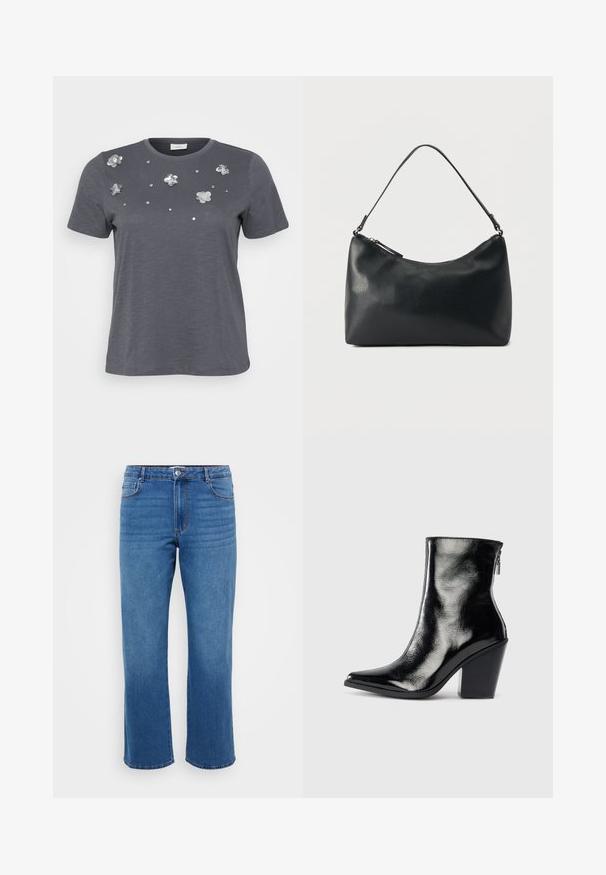 Graues Baumwoll-T-Shirt mit kurzen Ärmeln, verziert mit metallischen Blumenapplikationen und Pailletten, die auf der Vorderseite angeordnet sind. Weiche Textur, lässige Passform.; Blaue Jeans aus Denim mit geradem Beinansatz, ausgestattet mit einem Knopfverschluss, klassischem Fünf-Taschen-Design und subtiler, ausgewaschener Textur an den Oberschenkeln.; Schwarze Leder-Ankle Boots mit glänzendem Finish, spitzer Zehenform und Blockabsatz. Verfügt über einen seitlichen Reißverschluss für ein einfaches Anziehen.; Schwarze Schultertasche aus strukturiertem Leder mit gewölbtem Reißverschluss oben und einem verstellbaren Riemen vor einfarbigem Hintergrund.