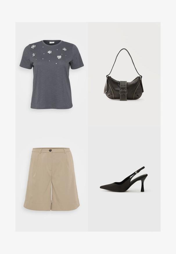 Grå bomulds T-shirt med korte ærmer, prydet med metallic blomsterapplikationer og palietter arrangeret på forsiden. Blød tekstur, afslappet pasform.; Khaki shorts lavet af letvægtsstof, med flad front, plisseringer, knaplukning og rullede nederkanter. Simpelt og skræddersyet design.; Sorte slingback hæle med spids tå, glat mat finish og en slank, blank hæl. Justerbar rem med lille spænde detaljer.; Sort læder skuldertaske med spænde på remmen, afrundede kanter og kontrasterende hvide syninger på en ensfarvet baggrund.
