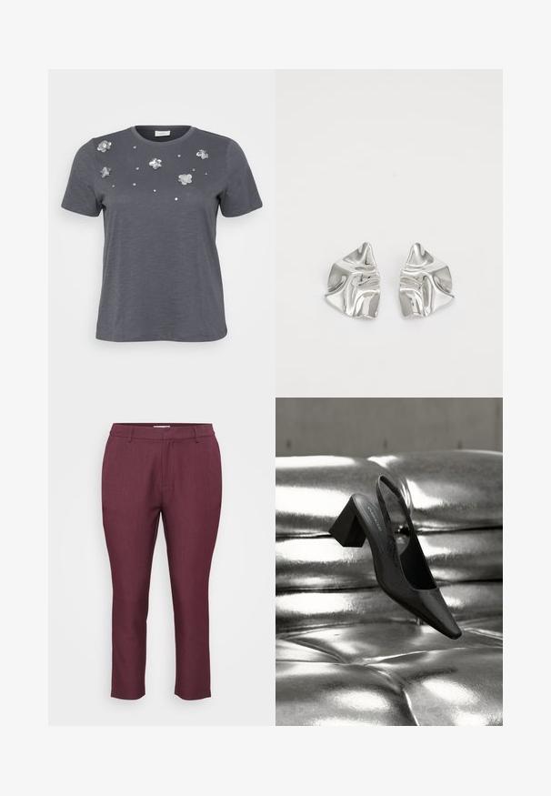 Grå bomulds T-shirt med korte ærmer, prydet med metallic blomsterapplikationer og palietter arrangeret på forsiden. Blød tekstur, afslappet pasform.; Marron skræddersyede bukser lavet af tekstureret stof, der har flad front, bæltestropper og tætsiddende ben med en cropped længde.; Sort slingback-hæl med spids tå, der har en tekstureret overflade og en chunky blokhæl. Lagt mod en skinnende, metallisk baggrund.; Sølvmetal øreringe med et bølgende, skulpturelt design, der har en poleret overflade og uregelmæssige former, hvilket fremhæver en moderne æstetik.