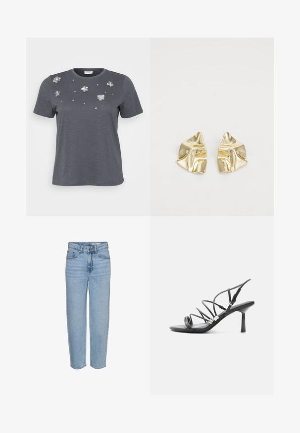 Grå bomulds T-shirt med korte ærmer, prydet med metallic blomsterapplikationer og palietter arrangeret på forsiden. Blød tekstur, afslappet pasform.; Lyseblå denimjeans med høj talje, afslappet pasform og lige ben. Har en knaplukning og let falmet effekt på stoffet.; Sort højhælet sandal med tynde buede remme, sølv accenter og en justerbar ankelspænde på en hvid baggrund.; Guldmetalløreringe med et bølget design; glat, reflekterende overflade; asymmetrisk form; ingen synlige mønstre eller hardware.