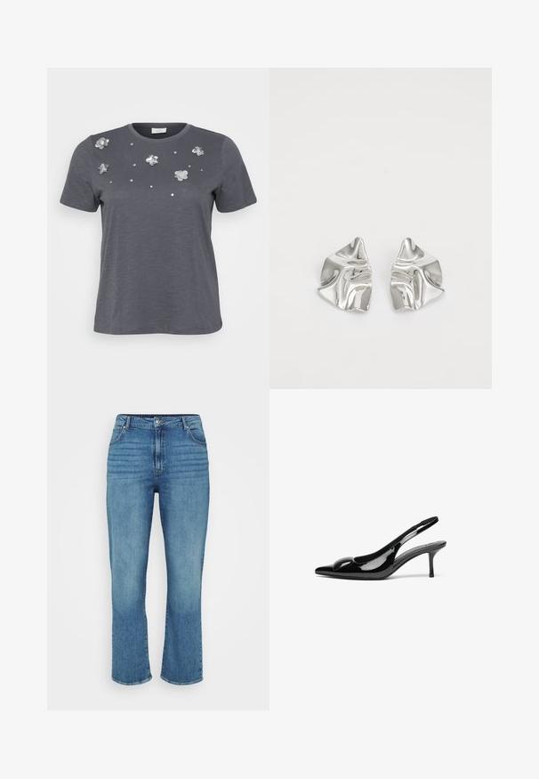 Grå bomulds T-shirt med korte ærmer, prydet med metallic blomsterapplikationer og palietter arrangeret på forsiden. Blød tekstur, afslappet pasform.; Lysblå denimjeans med lige ben design, der har fem lommer, bæltestropper og subtil falming foran.; Sorte laklæder slingback hæle med spidse tæer og en blank finish. Har en slank hæl og en rund detalje ved vampen.; Sølvmetal øreringe med et bølgende, skulpturelt design, der har en poleret overflade og uregelmæssige former, hvilket fremhæver en moderne æstetik.