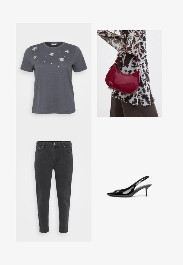 Grå bomulds T-shirt med korte ærmer, prydet med metallic blomsterapplikationer og palietter arrangeret på forsiden. Blød tekstur, afslappet pasform.; Slanke sorte denim jeans med frontknap og lynlås, bæltestropper og fem lommer, vist på en ensfarvet lys baggrund.; Sorte laklæder slingback hæle med spidse tæer og en blank finish. Har en slank hæl og en rund detalje ved vampen.; Kvinde iført en sort- og hvidmønstret bluse, der holder en blank rød skuldertaske mod en ensfarvet baggrund.