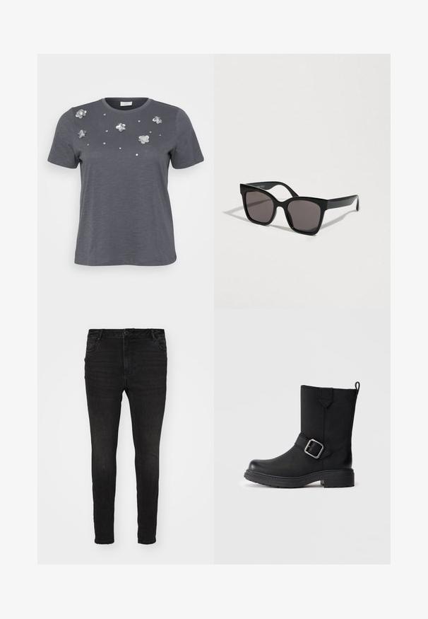 Grijze katoenen t-shirt met korte mouwen, met metalen bloemenappliqués en pailletten die op de voorkant zijn aangebracht. Zachte structuur, comfortabele pasvorm.; Vero Moda Curve Skinny fit VMCFLASH Mid rise - Jeans Skinny Fit - black denim; Zwarte enkellaarsjes van glad leer, met een decoratieve band en zilveren gesp, robuuste rubberen zool en een ronde neus.; Zwarte zonnebril met een massief kunststof montuur. Vierkante glazen met een verloopkleur. Gladde textuur en licht gebogen pootjes voor een stevige pasvorm.