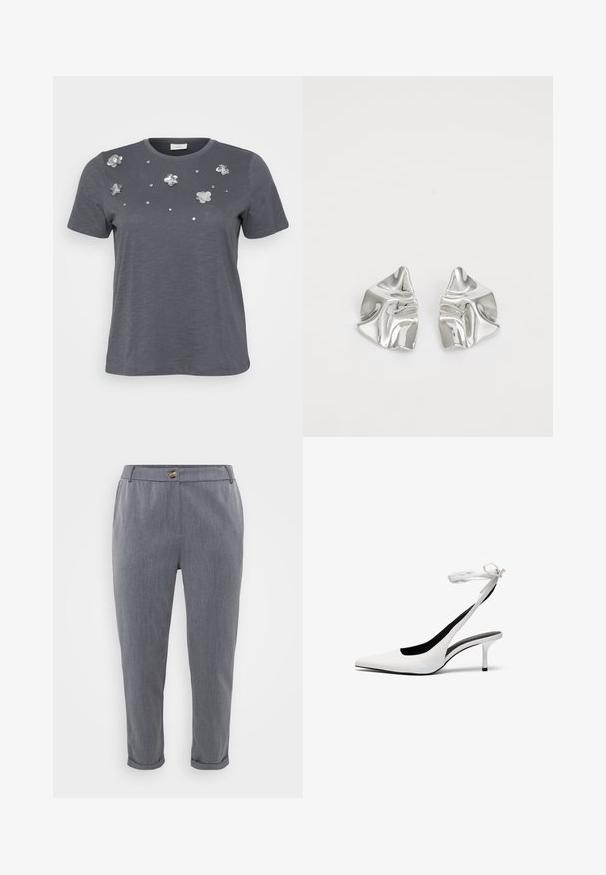 T-shirt en coton gris à manches courtes, avec des appliqués floraux métalliques et des sequins disposés sur le devant. Texture douce, coupe décontractée.; Pantalons gris ajustés avec une texture tissée lisse, ourlets à enfiler, poches avant et fermeture à bouton à la taille.; Talons aiguilles blanches à bout pointu avec une fine sangle à la cheville. Matériau en cuir lisse, talon aiguille fin et doublure intérieure noire.; Boucles d'oreilles en métal argenté avec un design ondulé et sculptural, présentant une finition polie et des formes irrégulières, mettant en valeur une esthétique contemporaine.