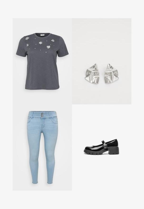 Grå bomulds T-shirt med korte ærmer, prydet med metallic blomsterapplikationer og palietter arrangeret på forsiden. Blød tekstur, afslappet pasform.; Lysblå skinny jeans lavet af denim. Har tre-knaps lukning, to frontlommer og en glat tekstur.; Sort patentlæder Mary Jane sko med en kraftig hæl, rund tå og en rem med detajler i form af en hjerteformet spænde.; Sølvmetal øreringe med et bølgende, skulpturelt design, der har en poleret overflade og uregelmæssige former, hvilket fremhæver en moderne æstetik.