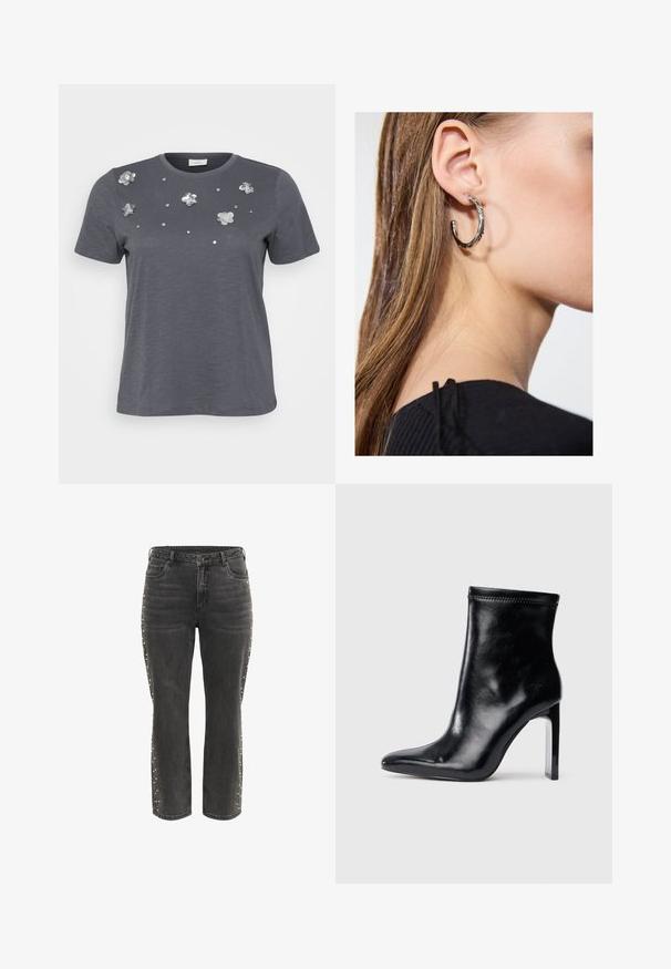 Grijze katoenen t-shirt met korte mouwen, met metalen bloemenappliqués en pailletten die op de voorkant zijn aangebracht. Zachte structuur, comfortabele pasvorm.; Zwarte high-waist rechte jeans met metalen knoop, voorzakken en kleine zilveren studs langs de buitenste zijnaad.; Zwarte leren enkellaars met een spitse neus en hoge doorzichtige hak. Gleed tekstuur en minimale stikseldetails op het bovenmateriaal.; Zilveren oorbel met een gepolijste afwerking, met kleine gouden accentdetails en een ronde vorm, gedragen op de oorlel.