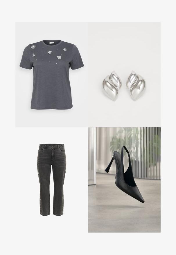 Grijze katoenen t-shirt met korte mouwen, met metalen bloemenappliqués en pailletten die op de voorkant zijn aangebracht. Zachte structuur, comfortabele pasvorm.; Zwarte high-waist rechte jeans met metalen knoop, voorzakken en kleine zilveren studs langs de buitenste zijnaad.; Zwart leren slingback stiletto hak met puntige neus, zwevend boven een gladde betonnen vloer en verticale metalen paneel achtergrond.; Zilveren oorbellen met een organische, abstracte vorm. Gladde, glanzende oppervlakte met een taps toelopend ontwerp. Beschikken over subtiele rondingen en een centrale lijn detail.