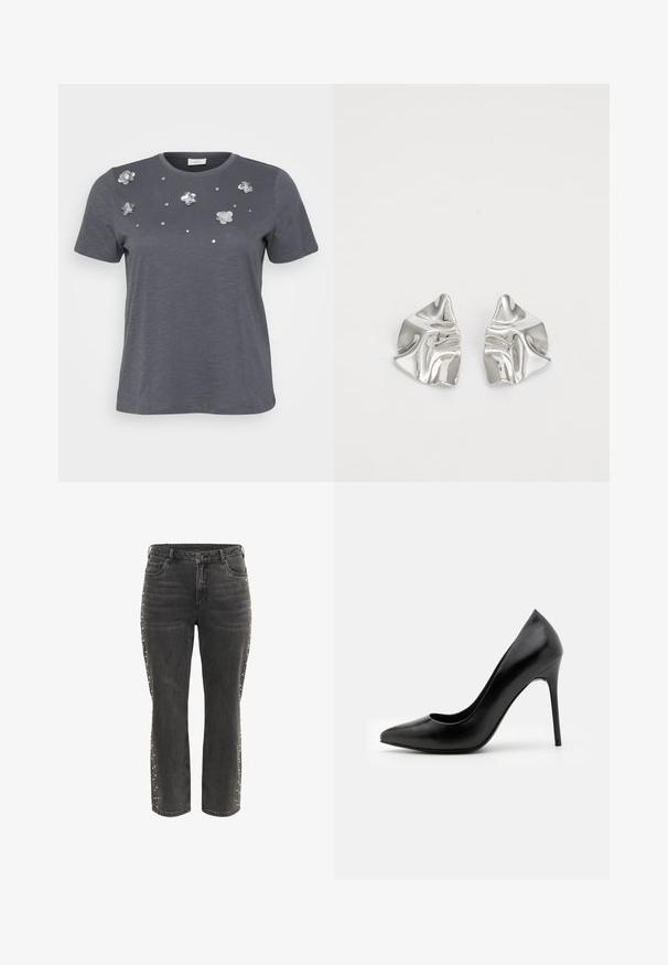 Grå bomulds T-shirt med korte ærmer, prydet med metallic blomsterapplikationer og palietter arrangeret på forsiden. Blød tekstur, afslappet pasform.; Sorte høj talje lige jeans med metalknap, forlommer og små sølvnitter langs de ydre sidesømme.; Sorte læder højhælede pumper med spids tå og glat overflade. Har en slank stilethæl og et lavt udskæringsdesign.; Sølvmetal øreringe med et bølgende, skulpturelt design, der har en poleret overflade og uregelmæssige former, hvilket fremhæver en moderne æstetik.
