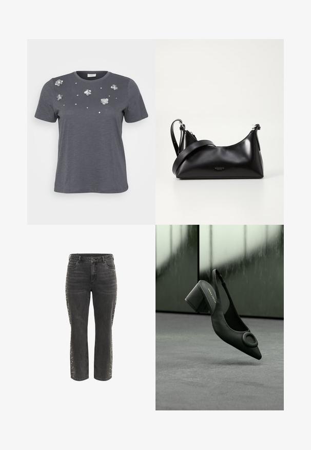 Grijze katoenen t-shirt met korte mouwen, met metalen bloemenappliqués en pailletten die op de voorkant zijn aangebracht. Zachte structuur, comfortabele pasvorm.; Zwarte high-waist rechte jeans met metalen knoop, voorzakken en kleine zilveren studs langs de buitenste zijnaad.; Zwarte leren slingback hak met een puntige neus en een ronde gesp, geplaatst op een grijze vloer met een vervaagde achtergrond.; Zwarte leren handtas met een gladde textuur. Beschikt over een verstelbare schouderband en een strak, minimalistisch ontwerp met een ritssluiting.