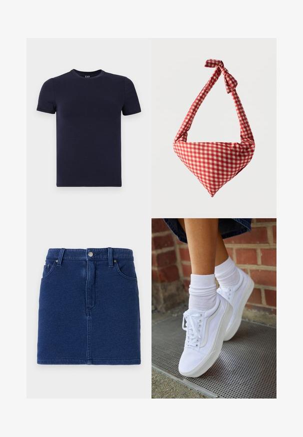 T-shirt col rond bleu marine en coton lisse, avec des manches courtes et une coupe régulière. Design simple et sans couture, sans motifs.; Jupe en denim bleu profond au design ajusté, fermeture par boutons à l'avant et deux poches sur les côtés. Présente des coutures visibles et un ourlet droit.; Baskets en toile blanches avec semelles en caoutchouc, dotées de six œillets, d'un bout rond et de détails de couture légers, portées avec des chaussettes blanches mi-mollet.; Sac d'épaule en tissu doux à motif à carreaux rouges et blancs, poignée nouée et forme triangulaire sur un fond uni.