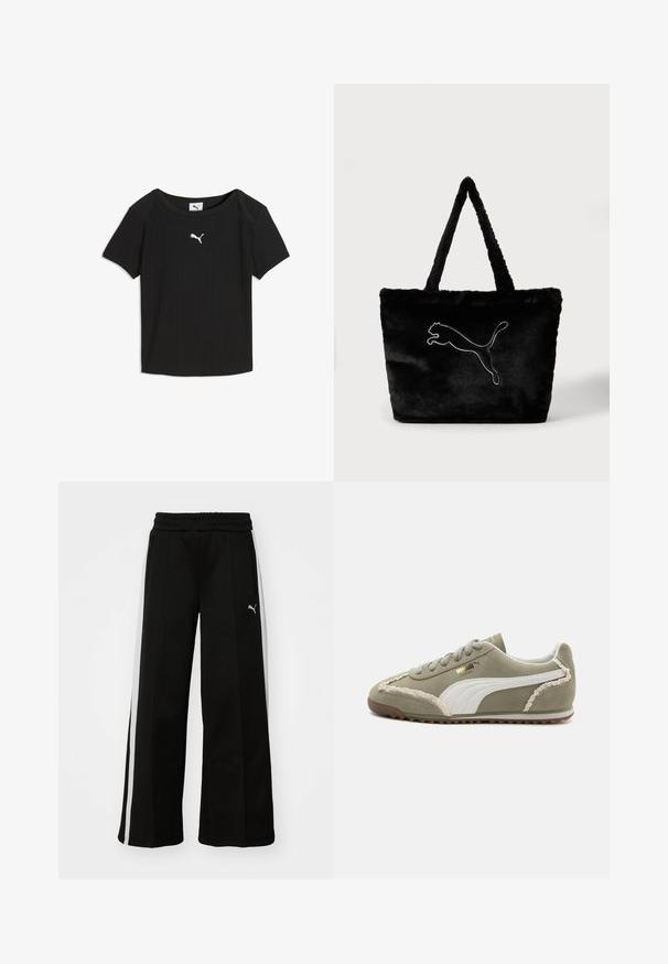 Camiseta negra de canalé de manga corta Puma con cuello redondo y logo blanco de Puma centrado en el pecho.; Pantalones anchos negros con cintura elástica, rayas blancas verticales, bolsillos laterales con cremallera y un pequeño logo en el muslo.; Zapatillas de ante verde con acentos de cuero blanco, costuras texturizadas, parte frontal con cordones y suela de goma. Presenta detalles de diseño únicos a lo largo de los lados.; Bolso tipo tote de piel sintética negra con asas largas y un gran logo de Puma con contorno blanco en el centro delantero sobre un fondo liso.