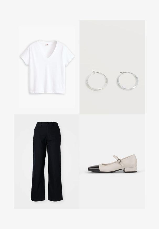Camiseta blanca de algodón con escote en V, mangas cortas y dobladillo recto. Textura suave, diseño minimalista, sin estampados ni acentos.; Pantalones negros de pierna ancha hechos de algodón. Presentan un cierre frontal con botón, presillas para cinturón y una textura suave. Sin patrones o acentos notables.; Zapato estilo Mary Jane en cuero crema con puntera de charol negro. Presenta una punta redonda, tirante en el tobillo con una hebilla cuadrada y un tacón bajo y cuadrado.; Pendientes de aro de metal plateado con superficie lisa y ligeramente curvada y cierre de tipo mosquetón sobre un fondo blanco liso.