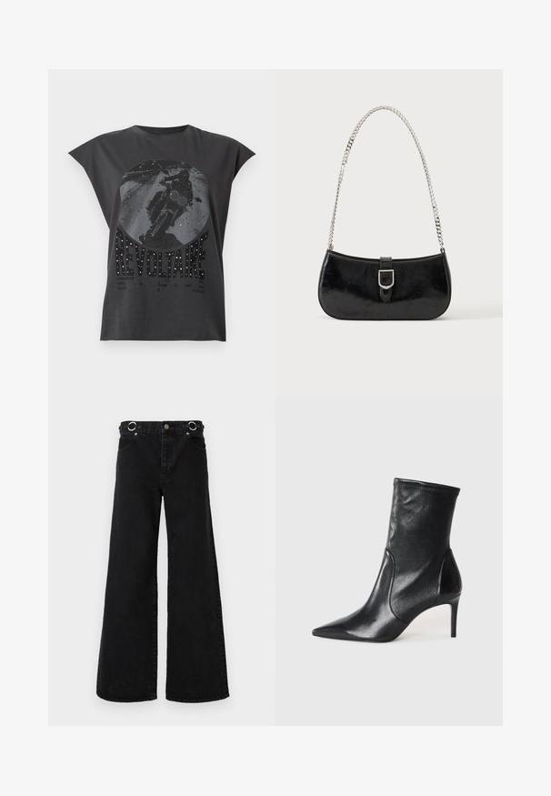 Débardeur noir avec un graphique de moto et le mot "REVOLTAIRE" orné de petits clous brillants à l'avant.; Jean noir à jambes larges en denim, avec une taille haute, de grandes poches avant, et des accessoires ronds argentés à la ceinture.; Bottes noires à la cheville en cuir lisse, dotées d'un bout pointu, d'un tige ajustée et d'un talon haut fin. Design minimaliste sans quincaillerie visible.; Sac à épaule en cuir verni noir avec détail de boucle argentée et bandoulière en chaîne argentée, présenté sur un fond uni clair.