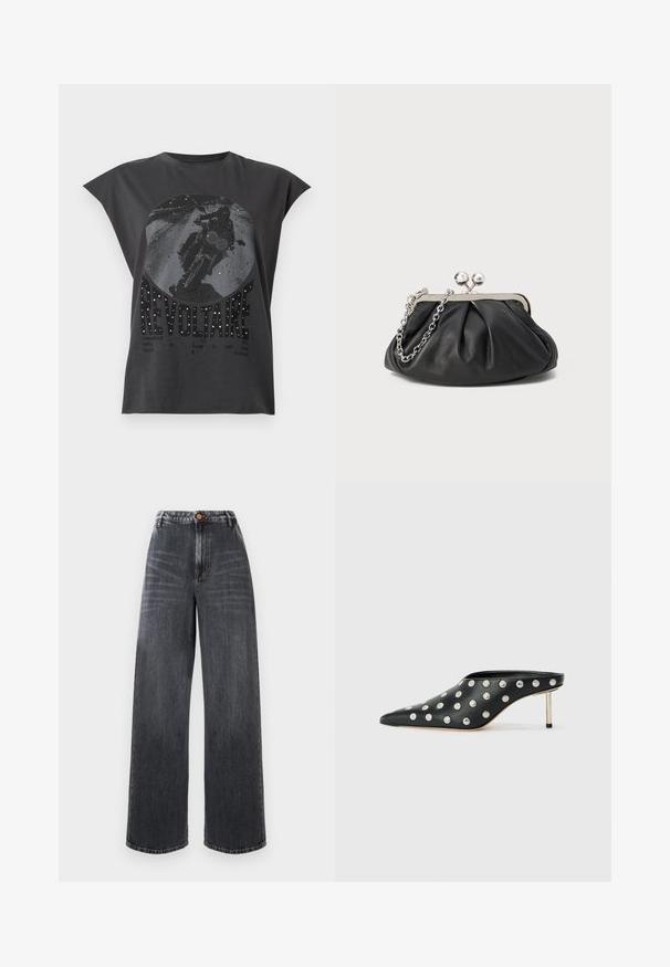 Débardeur noir avec un graphique de moto et le mot "REVOLTAIRE" orné de petits clous brillants à l'avant.; Jean large taille haute en denim gris foncé avec des détails décolorés, présentant une fermeture à bouton à l'avant et un design traditionnel à cinq poches.; STAND STUDIO KELSEY - Mules à talons - black; Porte-monnaie en cuir noir avec texture froncée, cadre en métal argenté, fermeture à verrouillage kiss-lock et bandoulière en chaîne. Surface lisse et douce.
