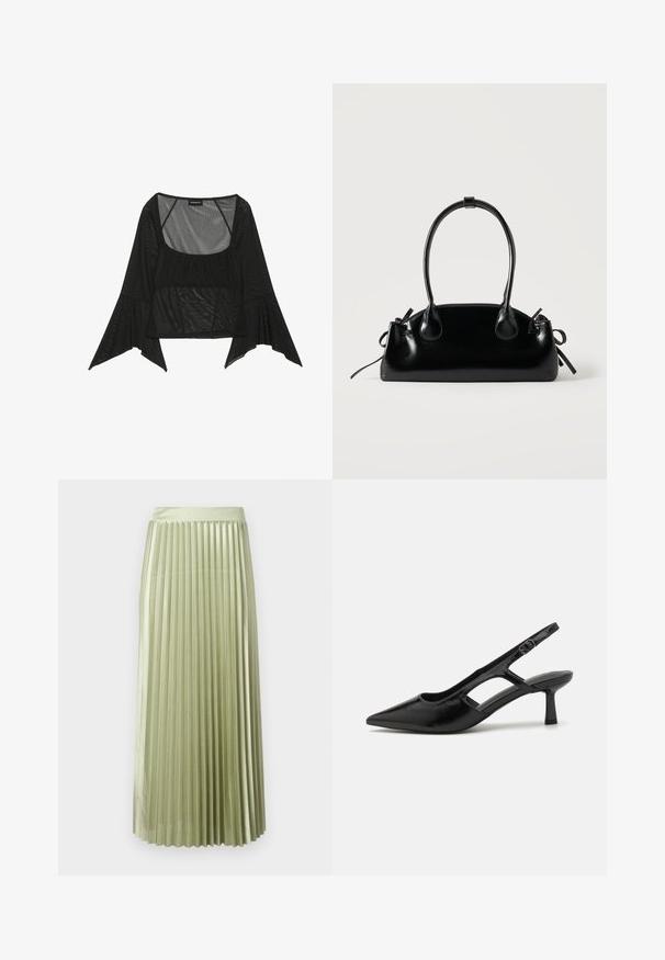 Zwarte mesh blouse met een vierkante halslijn, geperste voorkant en brede klokmouwen. Lichtgewicht en doorzichtige textuur overal.; Plissé midi-jurk in lichtgroen satijn met een gladde textuur. Aansluitende tailleband, valt tot halverwege de kuit, met gelijke verticale plooien over het geheel.; Zwarte slingback hakken met een spitse neus, gemaakt van glanzend materiaal, met uitsnijdingen en een gematigde hak voor ondersteuning.; Kleine zwarte glanzende handtas met twee lange hengsels en zijkant trekkoord details op een effen lichte achtergrond.