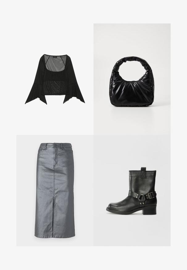 Sort meshbluse med firkantet udskæring, rynket frontdetalje og brede klokkeærmer. Letvægts og gennemsigtigt materiale hele vejen igennem.; Metalgrå denim-nederdel med en lige form, for-slids, fem-lomme design og knaplukning i taljen. Flade sømme er synlige.; Samsøe Samsøe SABRENTA - Cowboy- / bikerstøvlette - black; Sort polstret håndtaske med et rundt håndtag, der har en glat, skinnende overflade og en blød, kviltet tekstur. Ingen synlige hardware eller accenter.