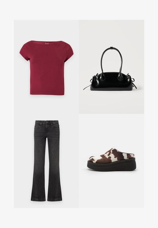 Kortærmet, ensfarvet burgunder crop top med bred halsudskæring og glat stof, vist på en ensfarvet lys baggrund.; Sorte, afblegede bootcut-jeans med knap foran, lynlås og femlomme-design på ensartet hvid baggrund.; Brune og hvide ko-print platform-træsko med en blød overdel, rund tå og en holdbar sort gummisål. Sømløs detaljering ved bunden.; Lille sort blank håndtaske med to lange håndtag og snøre-detaljer i siden på en ensfarvet lys baggrund.