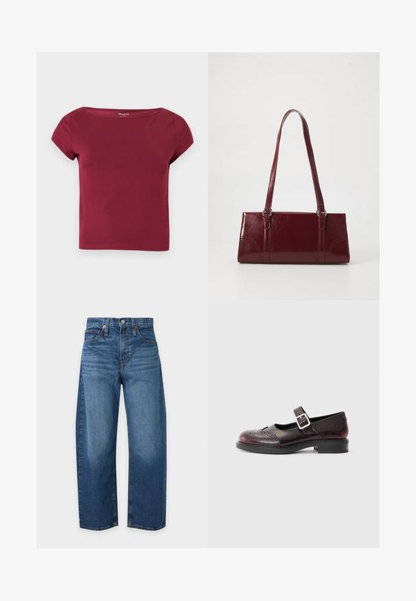 Korte mouwen, effen bordeauxkleurige cropped top met een brede halslijn en gladde stof, getoond op een effen lichte achtergrond.; Blauwe high-waist rechte jeans met voor- en achterzakken, knoopsluiting en riemlussen op een lichte achtergrond.; Mary Jane-stijl schoen in donker bordeaux gepatenteerd leer, met geperforeerde details en een gespsluiting. Lage blokhak, ronde neus.; Bourgondische handtas van glanzend materiaal, rechthoekige vorm, met twee schouderbanden en subtiele gebogen accenten aan de voorkant.