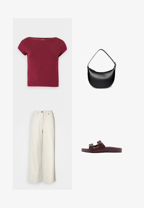 Kurzärmeliges, einfarbiges bordeauxfarbenes Cropped-Top mit breitem Ausschnitt und glattem Stoff, auf hellem, einfarbigem Hintergrund gezeigt.; Cremefarbene weit geschnittene Hose aus glattem Stoff. Sie hat eine mittlere Leibhöhe, einen Reißverschluss und zwei vordere Taschen mit schwarzen Hardware-Elementen.; Bordeauxfarbene Rutschsandalen aus glattem synthetischem Material. Verfügen über zwei verstellbare Riemen mit goldfarbener Hardware und einer strukturierten schwarzen Sohle.; Schwarze Schultertasche aus glattem Leder in Mondsichelform mit verstellbarem Riemen und oberem Reißverschluss.