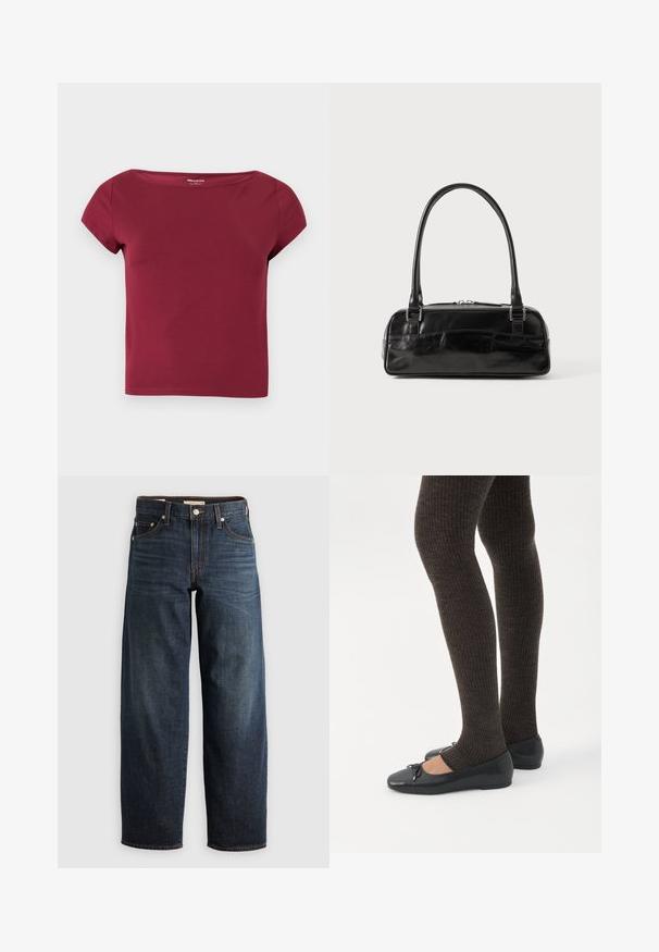 Korte mouwen, effen bordeauxkleurige cropped top met een brede halslijn en gladde stof, getoond op een effen lichte achtergrond.; Donkerblauwe jeans van denim, met een recht model, vijf-pocketstijl en stiksels met een knoopsluiting.; Benen met donkere geribbelde leggings gecombineerd met zwarte ballerina's met kleine strikdetails op een witte achtergrond.; Zwarte leren handtas met een rechthoekige vorm, voorzien van een enkele gestructureerde handgreep, zilveren hardware en ritsluiting. Gladde textuur.