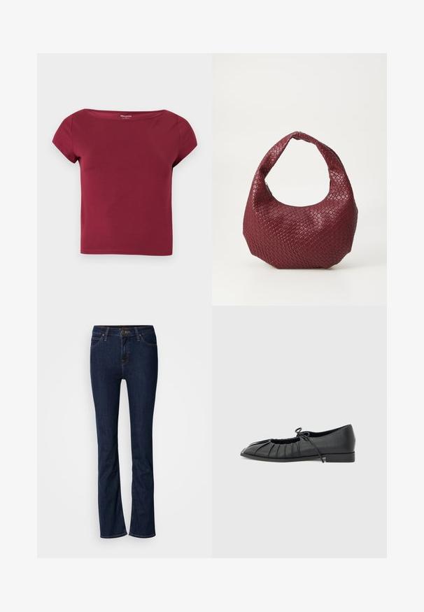 Kortærmet, ensfarvet burgunder crop top med bred halsudskæring og glat stof, vist på en ensfarvet lys baggrund.; Mørkeblå denim jeans med lige ben-design, fem-lomme stil og lys syning. Linningen har en metal-knap lukning.; Sort flad sko med plisseret forstykke og bundet sløjfe på toppen, lav hæl og glat tekstur på en lysegrå baggrund.; Vævet bordeaux håndtaske med en rund silhuet, et enkelt håndtag og en tekstureret overflade. Lynlåslukning øverst.