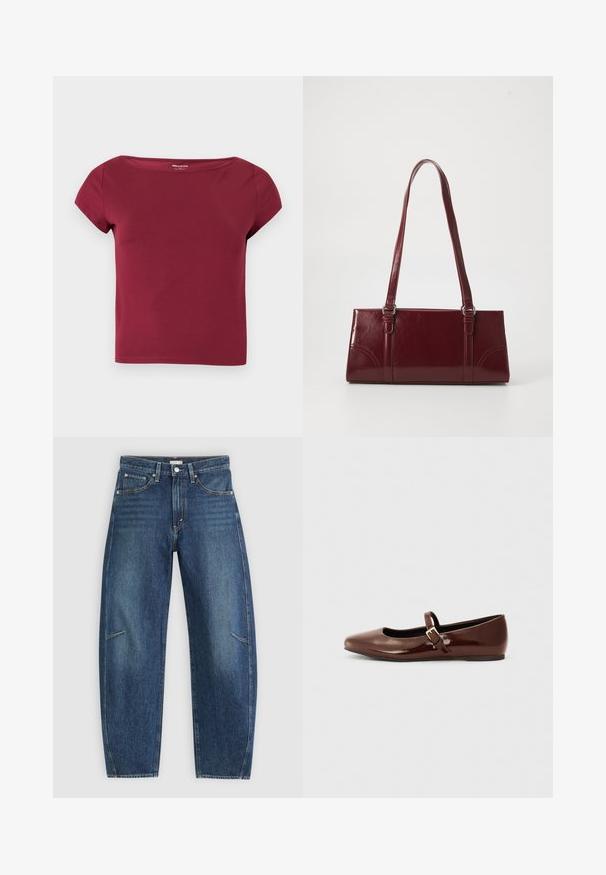 Kortærmet, ensfarvet burgunder crop top med bred halsudskæring og glat stof, vist på en ensfarvet lys baggrund.; Mørkeblå denim jeans med lige ben-design, der har forkæbbes lommer, kontrastsyninger og en subtil falmet tekstur på benene.; Brun patentlæder balletflade med firkantet tå og strop med en lille guldbuckle. Glat tekstur, lav hæl og minimalistisk design.; Bordeaux håndtaske lavet af glansfuldt materiale, rektangulær form, med to skulderremme og subtile buede detaljer på forsiden.