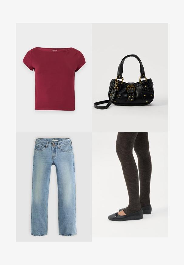Haut court à manches courtes, de couleur bordeaux unie, avec un large décolleté et un tissu lisse, présenté sur un fond clair uni.; Jeans droits bleu clair en denim, dotés d'une fermeture à bouton, de cinq poches et d'un léger dégradé le long des jambes.; Jambes portant des leggings côtelés foncés associés à des ballerines noires avec de petits détails en nœud sur fond blanc.; Sac à main en cuir noir avec boucle dorée et détails à rivets, poignées courtes et bandoulière réglable sur fond blanc uni.