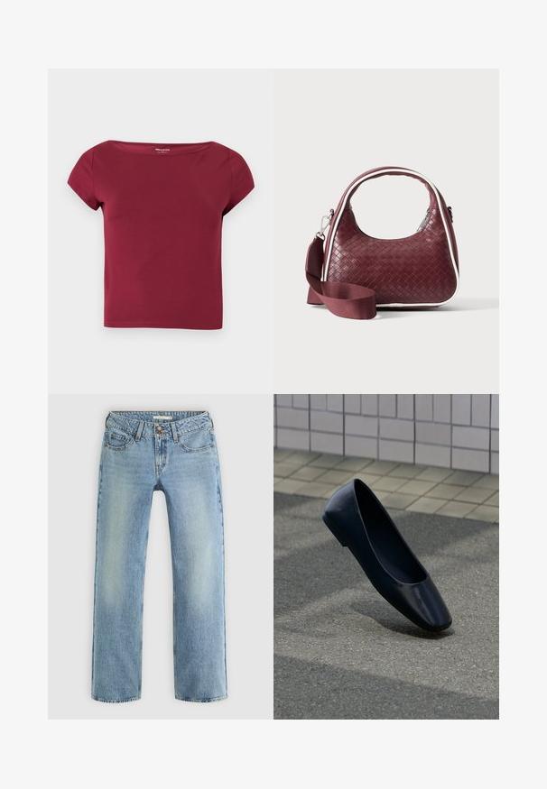 Kortærmet, ensfarvet burgunder crop top med bred halsudskæring og glat stof, vist på en ensfarvet lys baggrund.; Lyseblå lige ben jeans lavet af denim, med knaplukning, fem lommer og subtil falmning langs benene.; Sort læder flad sko, stående opret på en asfaltbelægning nær en flisebelagt fortovskant.; Mørkerød vævet lædertaske med buet hank, hvid kant, sølv lynlås og aftagelig bred stofskulderrem mod en ensfarvet baggrund.
