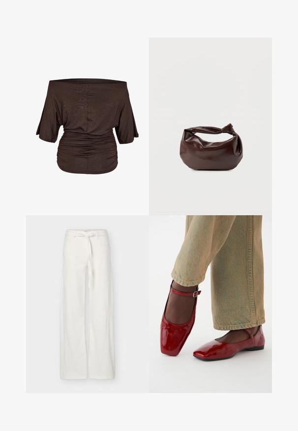 Noisy May NMJUNE - T-shirts basic - chocolate brown; Hvide bukser med brede ben, frontlommer og et stofbælte bundet i taljen, vist på en ensfarvet baggrund.; Røde patentlæder sko med firkantet tå, lav hæl og ankelrem, parret med lysegrønne vide bukser. Glat tekstur, reflekterende overflade.; Mørkebrun læder skuldertaske med en blød, afslappet form og et snoet knudehåndtag på en ensartet hvid baggrund.
