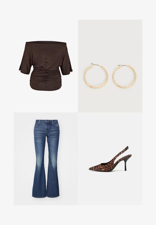 Noisy May NMJUNE - Camiseta básica - chocolate brown; Jeans acampanados de mezclilla en un tono azul con efecto de lavado claro, que cuentan con bolsillos clásicos y un cierre de botón único.; Tacones altos de salón con estampado de leopardo, punta afilada, tacón negro brillante y correa ajustable en el tobillo. Material suave con un acabado texturizado.; Par de pendientes de aro con textura en tono dorado y postes delgados sobre un fondo blanco.