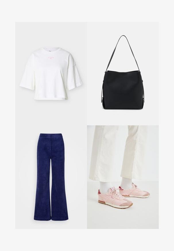 Hvid cropped T-shirt med brede korte ærmer, "HYROX" og Puma-logoer i lyserød på brystet samt rund halsudskæring.; Marineblå corduroy bukser med vide ben, høj talje og skjult frontlukning.; Lyserøde atletiske sko med en kombination af glatte og teksturerede materialer. Funktioner inkluderer en mørkerød detalje ved hælen og en hvid gummisål.; Pieces PCBONY - Håndtasker - black