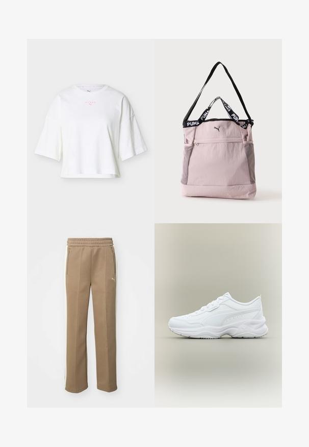 Λευκό cropped T-shirt με φαρδιές κοντές μανίκες, λογότυπα "HYROX" και Puma σε ροζ στο στήθος, και στρογγυλή λαιμόκοψη.; Καφέ φόρμες από μαλακό ύφασμα, με λευκή πλευρική ταινία, ελαστική μέση και τσέπες με φερμουάρ και στις δύο πλευρές.; Λευκό αθλητικό παπούτσι χαμηλού προφίλ με κορδόνια μπροστά, υφασμένη σόλα και διακριτικό ραμμένο σχέδιο σε λείο επάνω υλικό.; Φωτεινό ροζ τσάντα ώμου Puma με μαύρο ιμάντα ώμου, κοντά χερούλια με λογότυπο Puma, μπροστινή τσέπη με φερμουάρ και πλαϊνές τσέπες από δίχτυ.