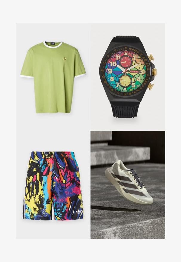 Lichtgroen T-shirt met korte mouwen, witte kraag en mouwranden, met een klein geel vogellogo op de linkerborst.; Multikleurige zwembroek met een abstract patroon in zwart, blauw, geel, roze en oranje. Elastaan tailleband met zijstripes.; Lichtbeige en zwarte Adidas Adizero hardloopschoen zwevend boven een getextureerd betonnen oppervlak met stenen trappen op de achtergrond.; Zwarte rubberen horloge met een octagonale kast, kleurrijke geometrische wijzerplaat, gouden accenten, tachymetermarkeringen en dubbele sub-dials in rood en geel.