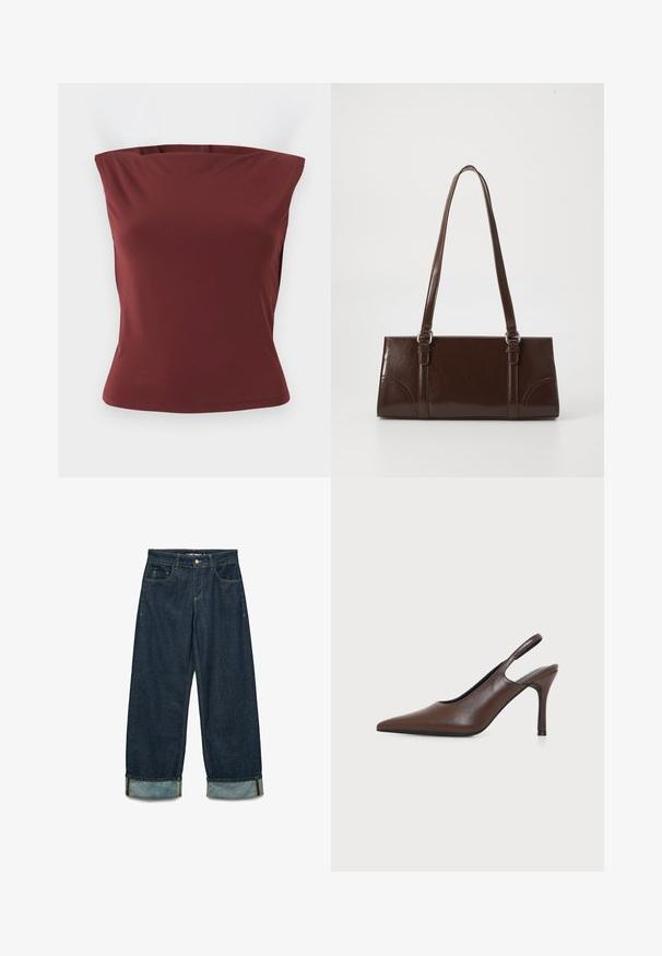 Top ajustado sin mangas y sin tirantes en tela lisa de color rojo oscuro con escote recto y textura suave.; Pantalones de mezclilla en azul oscuro con un corte holgado, que cuentan con puños enrollados, cinco bolsillos y detalles de costura en contraste.; Zapato marrón de cuero con punta puntiaguda y talón alto tipo slingback con tacón de aguja delgado sobre fondo claro liso.; Bolso de mano de piel sintética marrón con forma rectangular, dos asas largas y sutiles acentos curvados en la parte delantera.