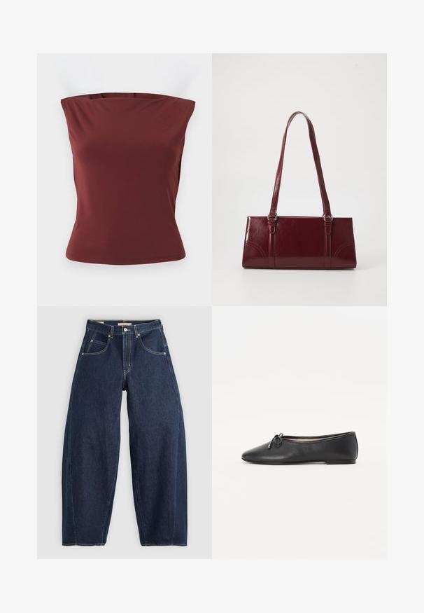Mouwloze, bandloze aansluitende top in effen donkerrode stof met een rechte halslijn en een gladde textuur.; Donkerblauwe denim jeans met een losse fit, lichte stiksels, vijf zakken en een knoopsluiting op de taille.; Zwarte leren balletschoenen met een ronde neus en een decoratieve strikdetail. Het ontwerp heeft een gladde textuur en een lage, platte hak.; Bourgondische handtas van glanzend materiaal, rechthoekige vorm, met twee schouderbanden en subtiele gebogen accenten aan de voorkant.