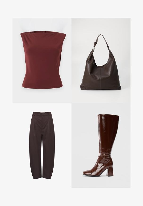 Haut ajusté sans manches ni bretelles en tissu rouge foncé uni avec un décolleté droit et une texture lisse.; Pantalon marron foncé taille haute à jambes larges, avec passants de ceinture, plis devant et fermeture de braguette cachée.; Bottes en cuir verni marron jusqu'aux genoux avec un bout carré, finition brillante et un talon épais pour la stabilité. Design sans couture sans matériel visible.; Zign by Zalando LEATHER - Cabas - chocolate brown