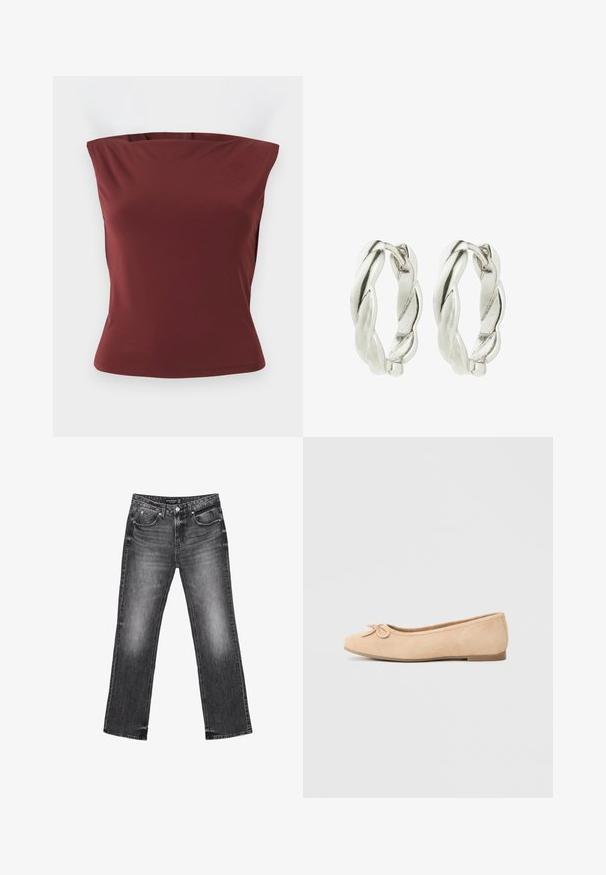 Ärmelloses, trägerloses eng anliegendes Oberteil aus einfarbigem dunkelrotem Stoff mit geradem Ausschnitt und glatter Textur.; Schwarze Denim-Jeans mit geradem Bein, verblasstem Design und fünf Taschen. Mit Gürtelschlaufen und Reißverschluss.; Beige Wildleder Ballettschuh mit runder Zehenform, kleinen Schleifendetail an der Vorderseite und flacher, niedriger Sohle. Glatte Textur mit minimalen Akzenten.; Silberne, gedrehte Creolenohrringe mit einer glatten, reflektierenden Oberfläche und einer kreisförmigen Form, die mit einem sicheren Verschluss versehen sind.