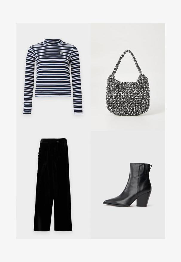 Zwart-wit gestreepte lange mouw top met hoge hals, geribbelde textuur, met blauwe en beige accenten en een klein logo op de borst.; Zwarte fluwelen broek met brede pijpen, een hoge taille en een zijrits, weergegeven tegen een witte achtergrond.; Zwarteleren enkellaarsjes met een spitse neus, textuur bovenwerk en chunky hoge hak. Voorzien van een zij-elastisch paneel voor eenvoudig aan- en uittrekken.; Geweven handtas in zwart en wit met een ronde vorm, gestructureerd oppervlak en een gevlochten handvat. Geschikt voor dagelijks gebruik.