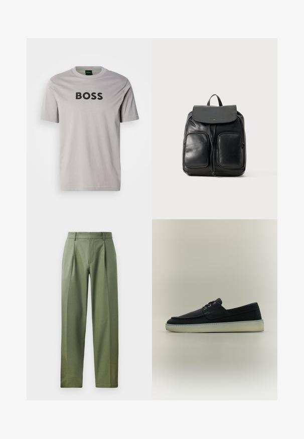Camiseta de manga corta gris claro hecha de algodón, con un gran logo negro "BOSS" en el frente. Diseño clásico con cuello redondo.; Pantalones a medida en tejido verde olivo con una textura suave, que cuentan con dos pliegues frontales, trabillas para el cinturón y un diseño de pierna recta.; Zapato náutico casual de cuero negro con suela de goma blanca y cordones en la parte delantera, mostrado de perfil sobre un fondo neutro.; Mochila de cuero negro con cierre de solapa, dos bolsillos frontales con cremallera y un asa en la parte superior. Textura suave y diseño minimalista.