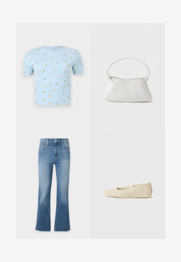 Crop top court à manches courtes bleu clair côtelé avec encolure ronde et petits motifs de fruits orange dispersés sur le tissu.; Jean en denim bleu avec une taille haute, fermeture devant par bouton et zip, poches avant, et jambes légèrement évasées.; Ballerines beiges avec une exterior en cuir lisse, un bout en forme d'amande et une sangle élastique sur le coup de pied, avec des détails de couture subtils.; Sac à main en cuir tressé blanc avec poignée arrondie et extrémités de lanière nouées, présenté sur un fond uni.